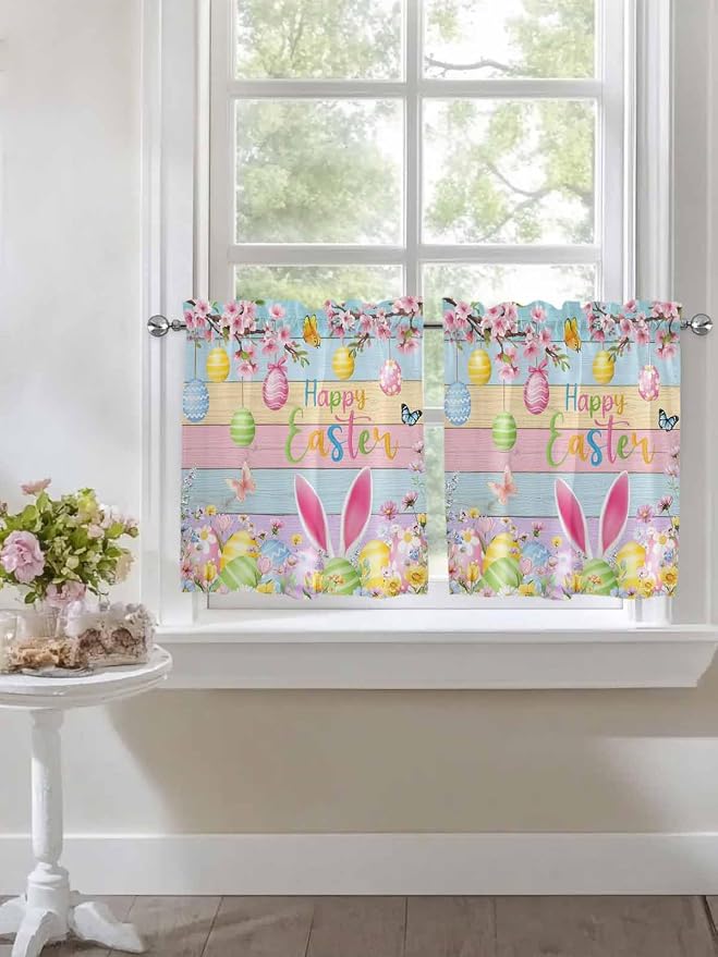 Colorful Easter Half Window Curtain 36 Inches Long, Spring Watercolor Bunny Egg