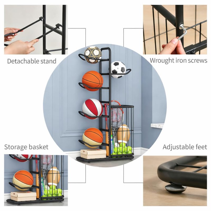 MLUPODY Sports Ball Storage Rack | Adjustable Vertical Stand for Basketball, Soccer, Volleyball & More | Durable Steel Organizer for Garage |5-Ball |45.7 inches, black