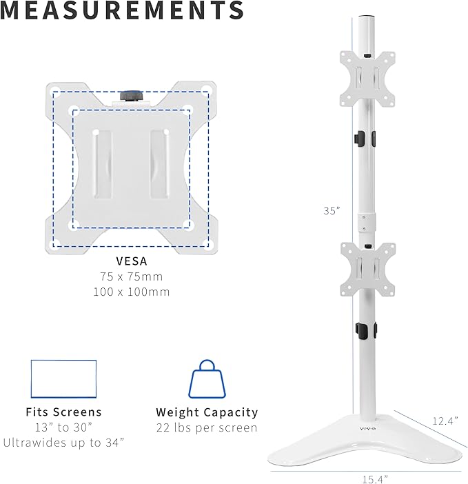 VIVO Dual Monitor Desk Stand Free-Standing LCD Mount, Holds in Stacked Vertical Position 2 Ultrawide Screens up to 34 inches, White, STAND-V002LW