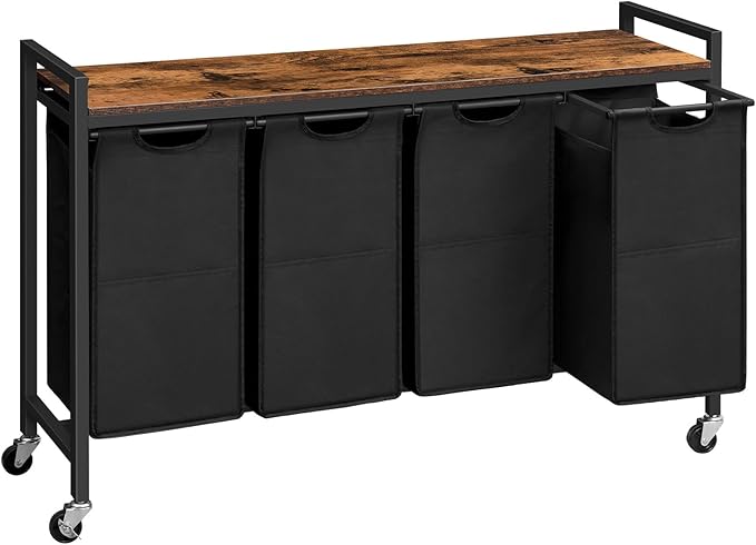 HOOBRO Laundry Sorter 4 Sections, Laundry Hamper with Wheels, 4 × 10.5 Gal (40 L), Rolling Laundry Basket, Pull-Out and Removable Oxford Fabric Bags, Rustic Brown and Black BF04XY01
