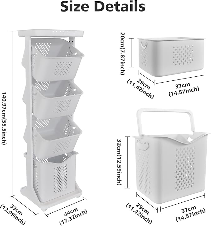 BAOKALER 4-Tier Laundry Hamper Sorter, Vertical Rolling Laundry Baskets with Wheels Removable, Stackable Laundry Cart Organizer and Storage for Small Space, Dorm, Closet, Bathroom