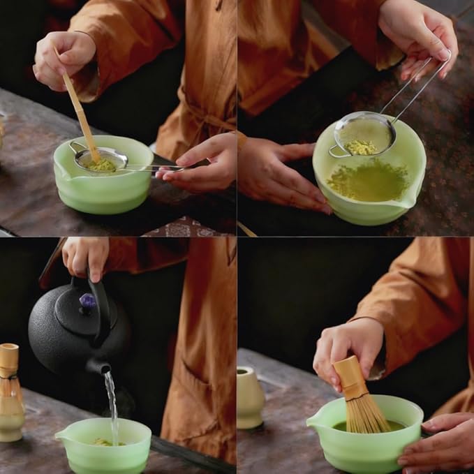 ZaH Matcha Whisk Set - Kit of 5pcs - Matcha Whisk and Bowl, Ceramics Whisk Holder, Bamboo Tea Scoop, Sifter (Light Green)