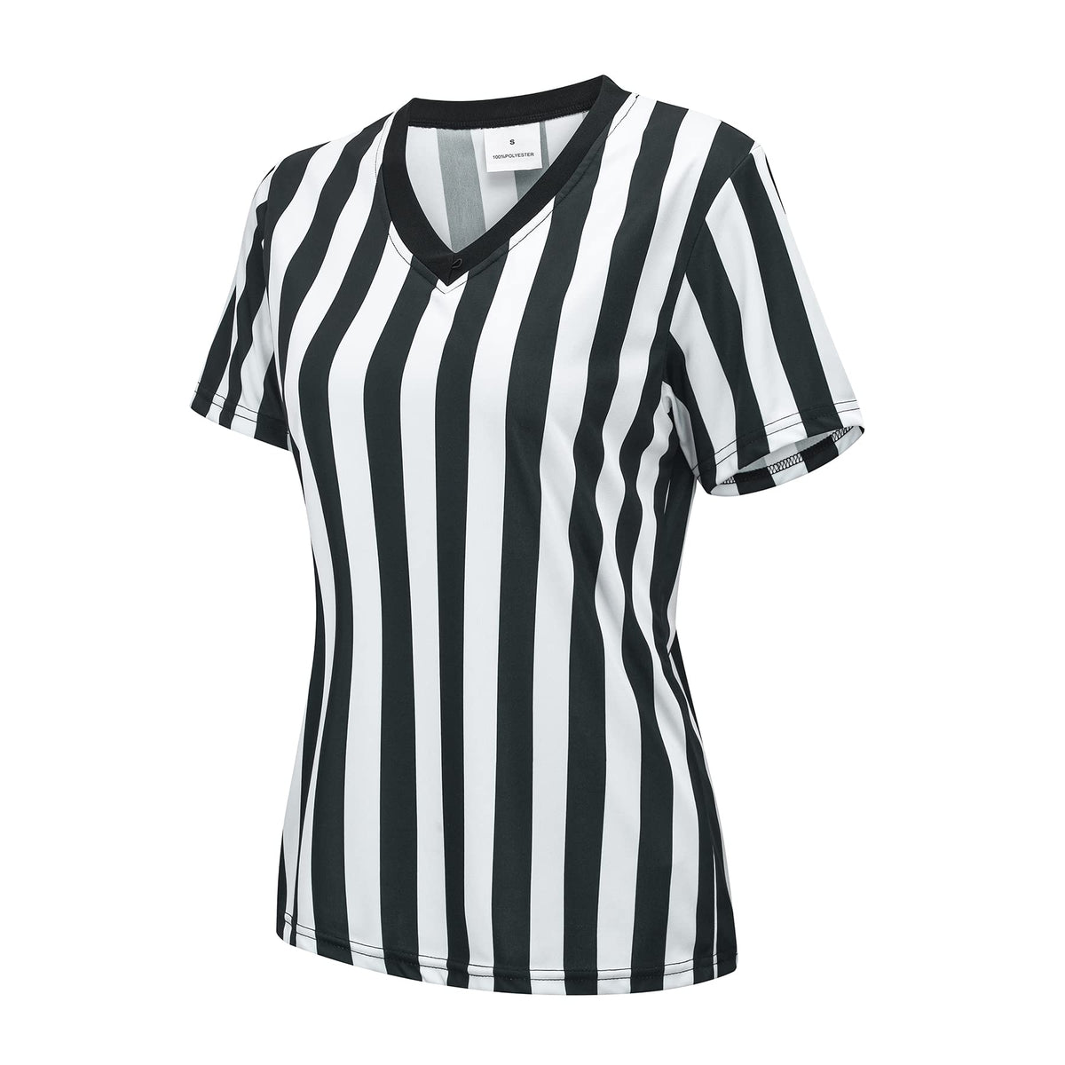 Women's Official Referee Shirt Black & White Stripe Ref Umpire Jersey Short Sleeve for Basketball Football Hockey V-Neck L