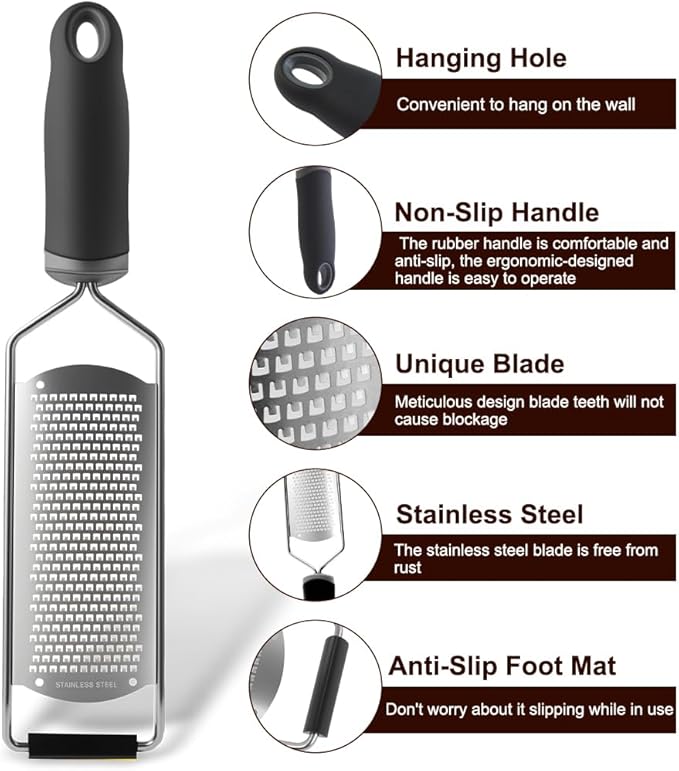 Anddgrous Upgraded Lemon Zester & Cheese Grater, Food Grade Stainless Steel None-Slip Hand Fine Grater for Garlic, Ginger, and Chocolate, Durable and Easy-To-Clean（Dishwasher Safe）
