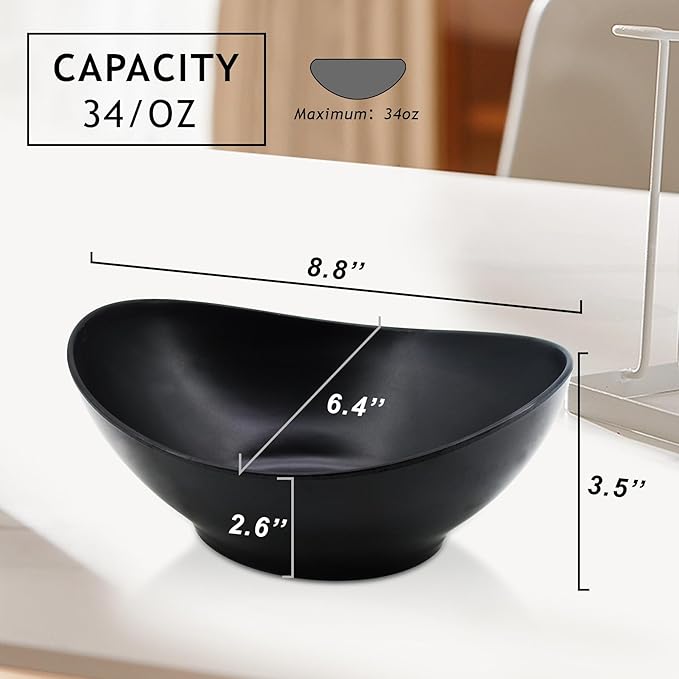 Oval Salad Bowls 34oz, Bamboo Fiber Serving Bowls Set of 6, 8.8" Large Bowls for Kitchen Eating & Restaurant, Deep Soup Bowls Set for Salad, Fruit,Pasta,Vegetable, Ramen, Dishwasher Safe, Black