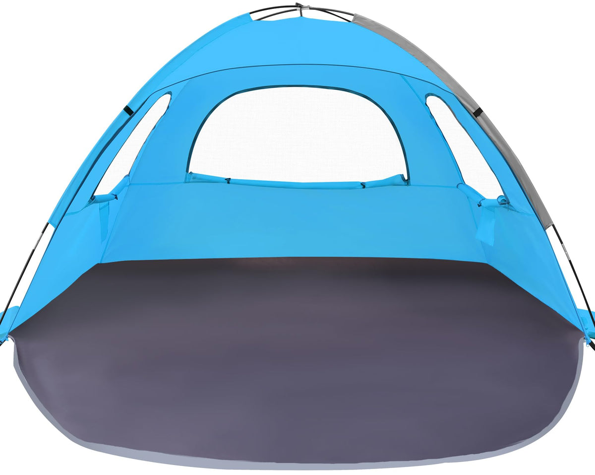 WhiteFang Beach Tent Anti-UV Portable Sun Shade Shelter for 4 Person, Extendable Floor with 3 Ventilating Mesh Windows Plus Carrying Bag, Stakes and Guy Lines (Blue)