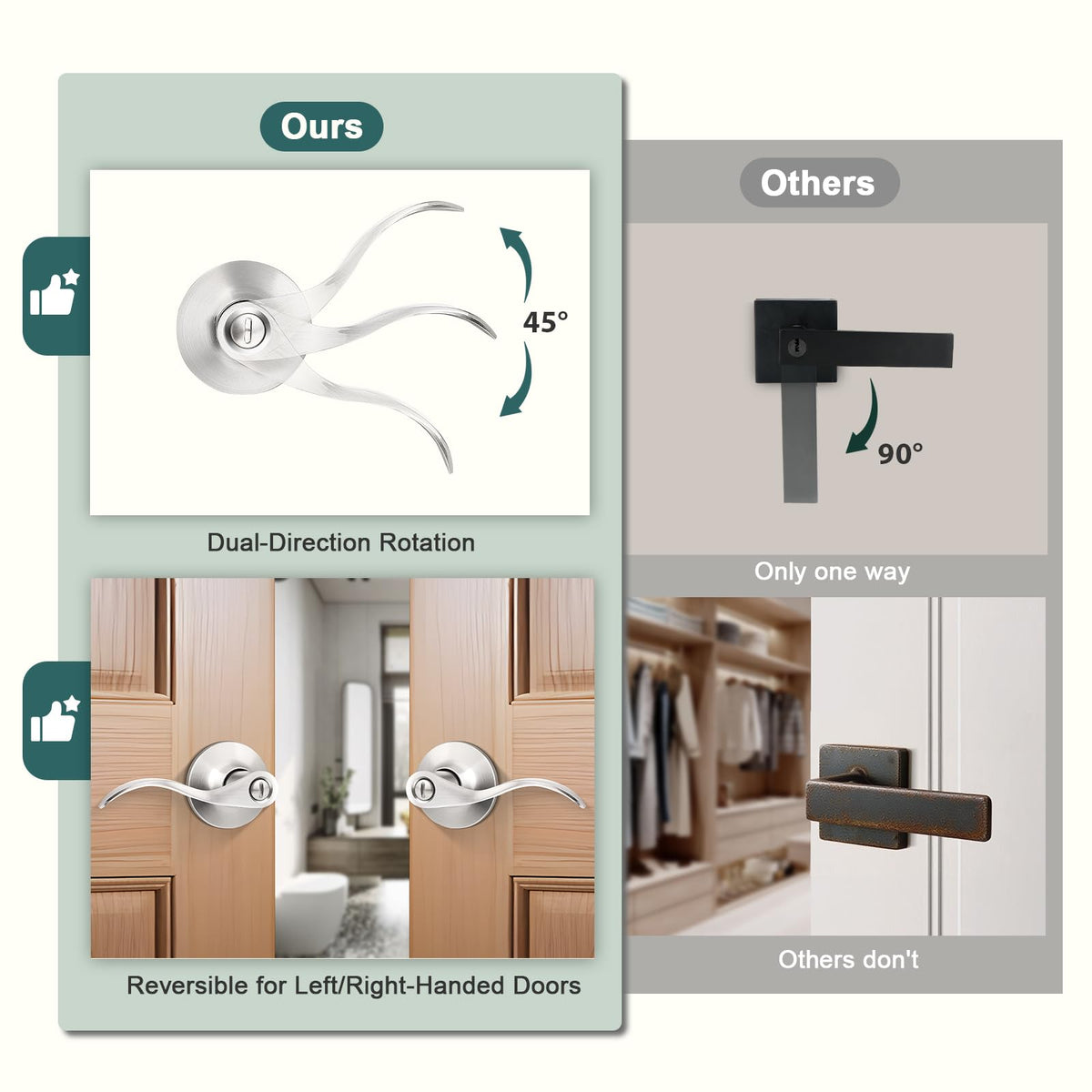 GOBEKOR 10 Pack Privacy Door Levers Bedroom Door Handle with Lock Satin Nickel Interior Door Handles Keyless Door Lock Wave Bed/Bath Lever