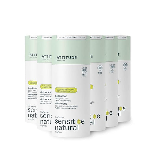 ATTITUDE Baking Soda Free Deodorant for Sensitive Skin with Oatmeal and Avocado Oil, EWG Verified, Aluminum Free, Plastic-Free, 3 Ounces (Pack of 6)