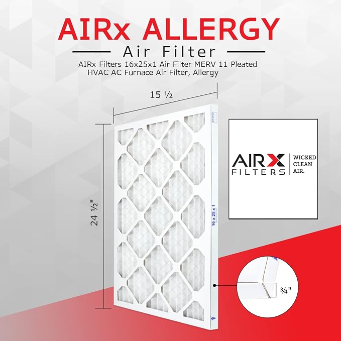 16x25x1 Air Filter ALLERGY by AIRx Filters MERV 11 Pleated 16x25x1 Furnace