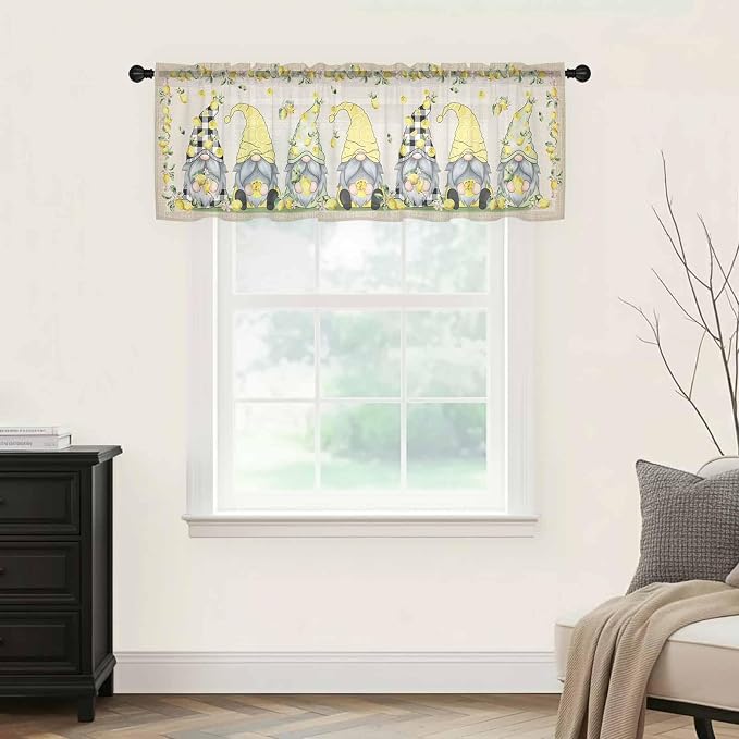 Rustic Lemon Gnomes Sheer Valance Curtains, Summer Fruit Leaves Retro Linen
