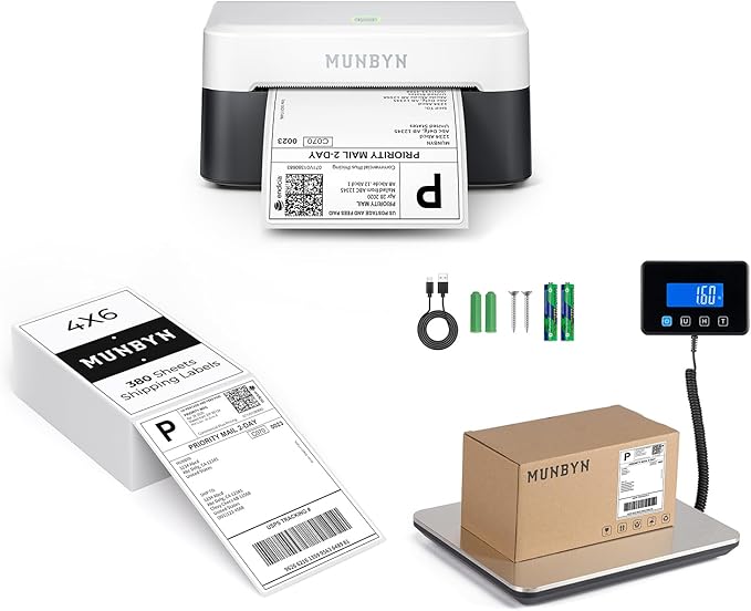 MUNBYN RW403B Bluetooth Thermal Label Printer+4"x6" Direct Thermal Shipping Labels+IPS03 440lb for Postal Scale
