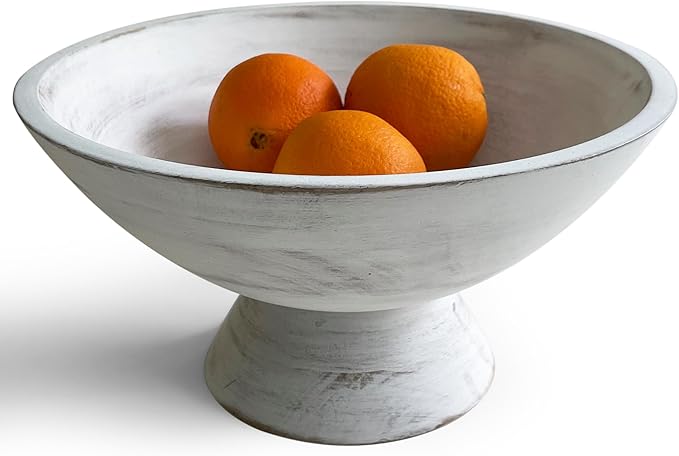 Whitewash Pedestal Bowl - 10 Inch, Wide Whitewash Footed Bowl as Fruit, Key, Decorative, Candy Holder or Centerpiece, Wooden Bowl Decorative for Kitchen, Dining Table & Home Accessories