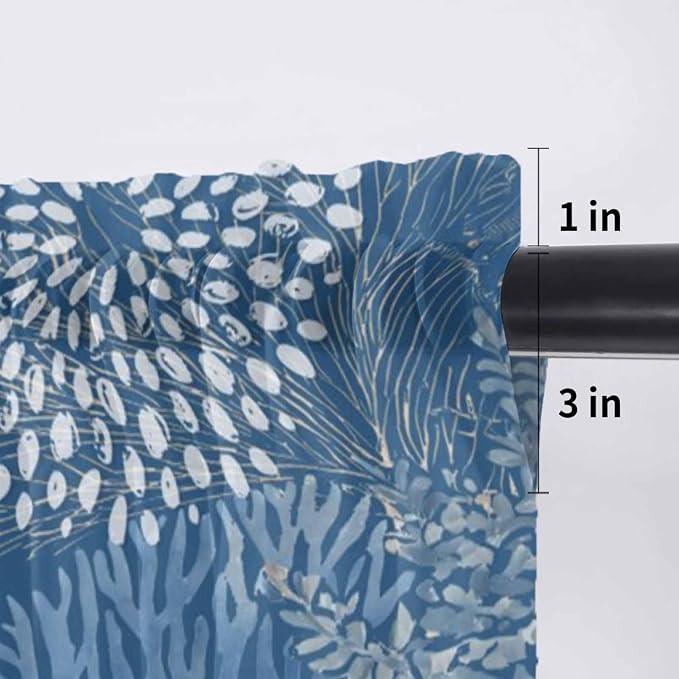 Ocean Corals Sheer Valance Curtains, Summer Beach Coral Sea Stars Dark Blue