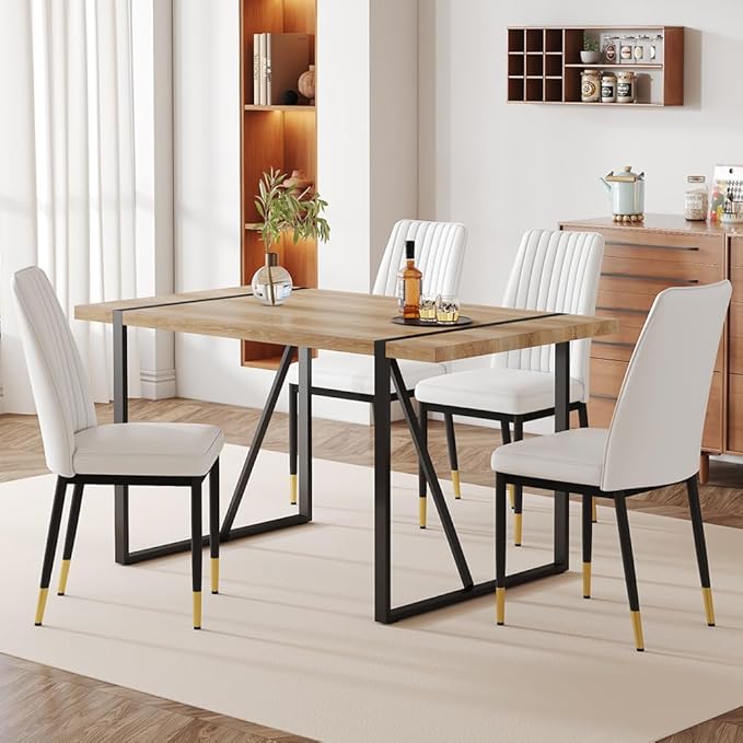 Dining Table Chairs Set for 4, Modern Rectangular Dining Room Table Set PU Leather Upholstered Dining Chairs 55" Dinner Table Set for Kitchen, Dining Room (Dining Table Set for 4, White)