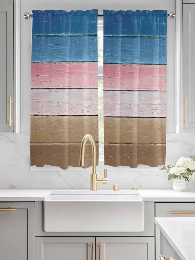 Blue Pink Brown Gradient Wood Grain Window Valance Curtains, Vintage Wood Board