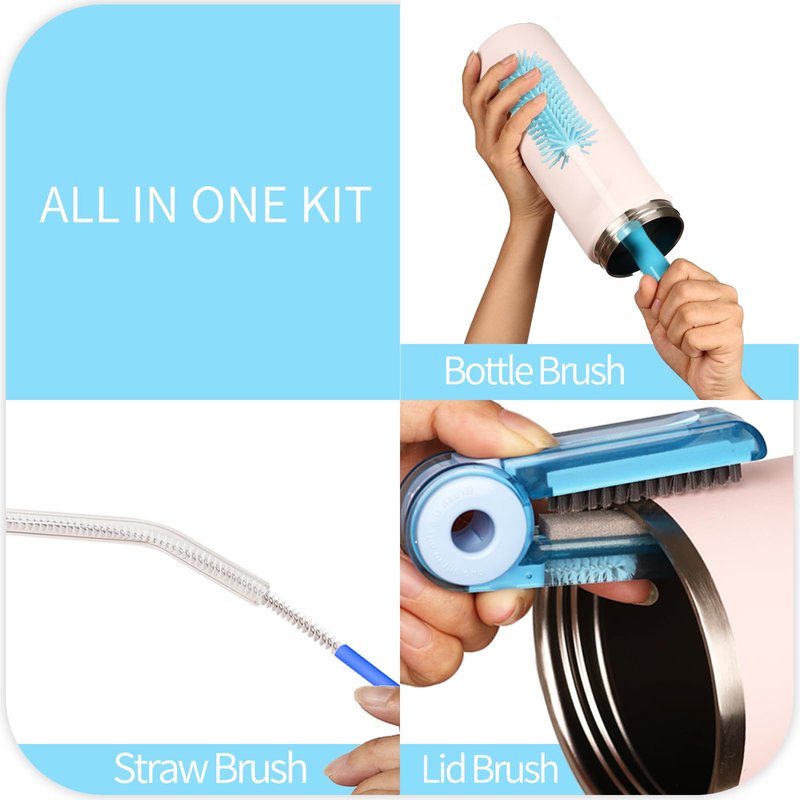 4 Pack Water Bottle Cleaner Brush Set - Silicone Bottle Brush 12.6" Heavy Duty Straw Cleaner Brush, 4 in 1 Multipurpose Cup Cleaner Kit