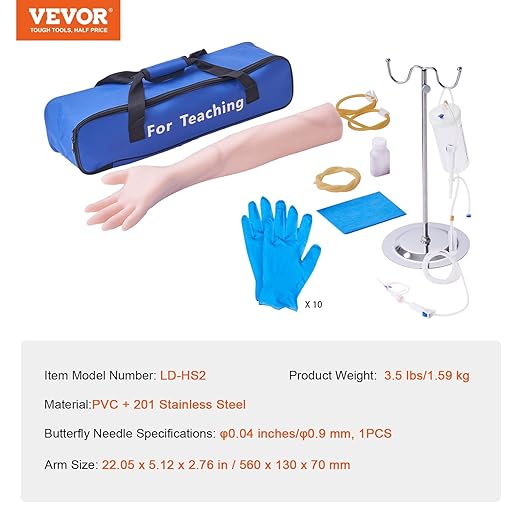 VEVOR 12 PCS Phlebotomy Practice Kit, IV Venipuncture Intravenous Training, High Simulation IV Practice Arm Kit with Carrying Bag, Practice and Perfect IV Skills, for Students Nurses and Professionals