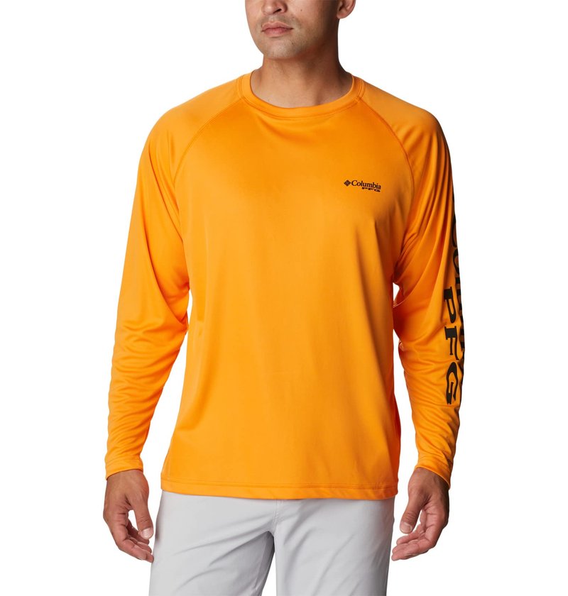 Columbia Men's Terminal Tackle Long Sleeve Fishing Shirt, Orange Blast/Black Logo, Small