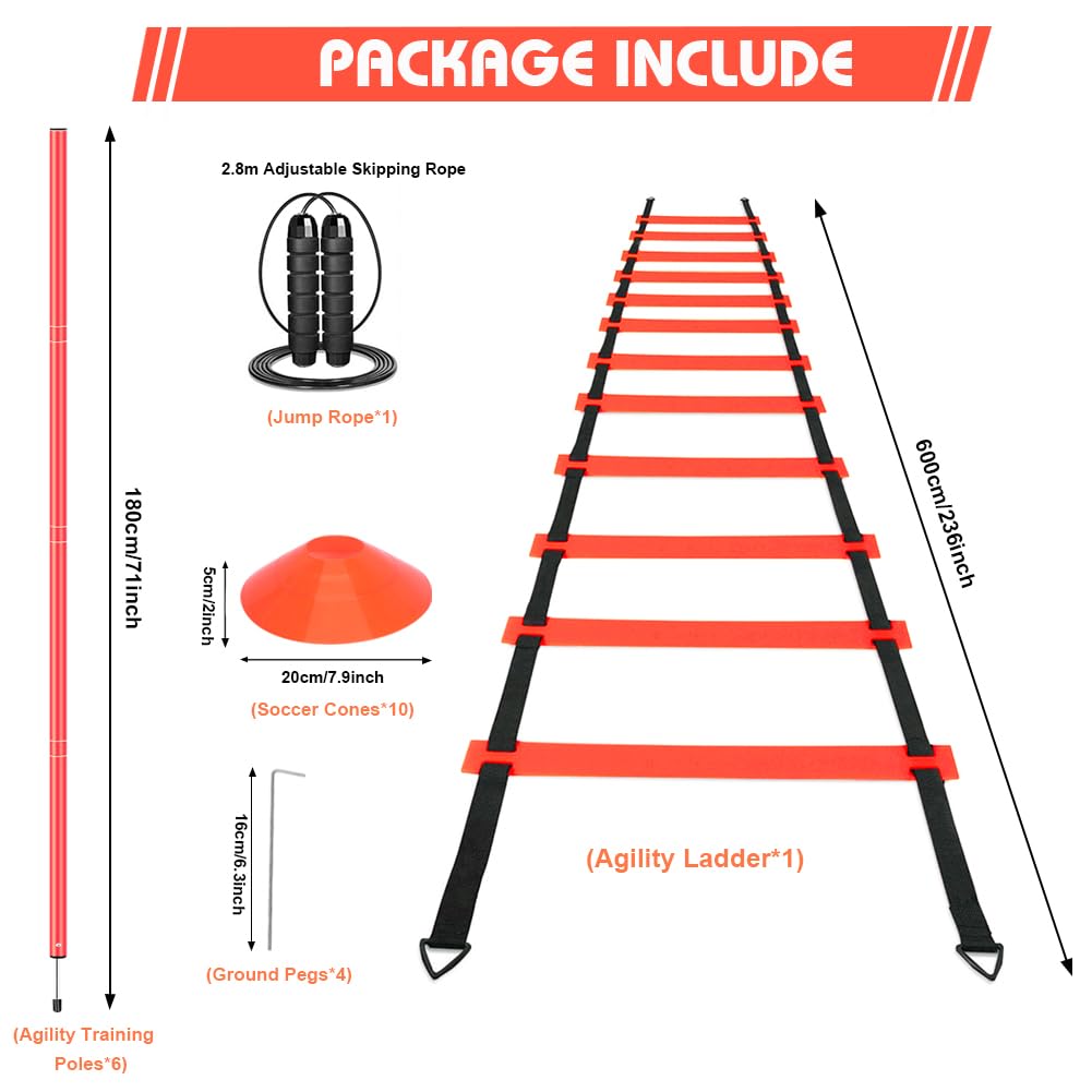 HOTOOLME Soccer Agility Training Poles Set Soccer Training Equipment- Includes 6 Agility Poles,Agility Ladder, 10 Soccer Cones,Jump Rope for Speed Training, Soccer Training, Basketball Athletes & Kids