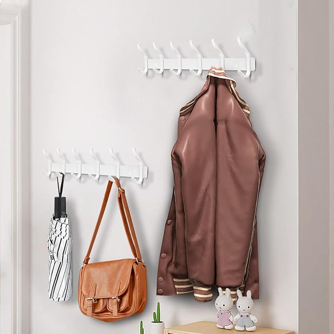 HAMUTH White Wall Hooks Heavy Duty, 23 Inch Coat Hooks Wall Mount with 8 Hooks,2 Packs Wall Hooks Hangers for Entryway, Bathroom - for Hanging Backpack, Bag, Coat, Purse, Hat, Towel, Clothes