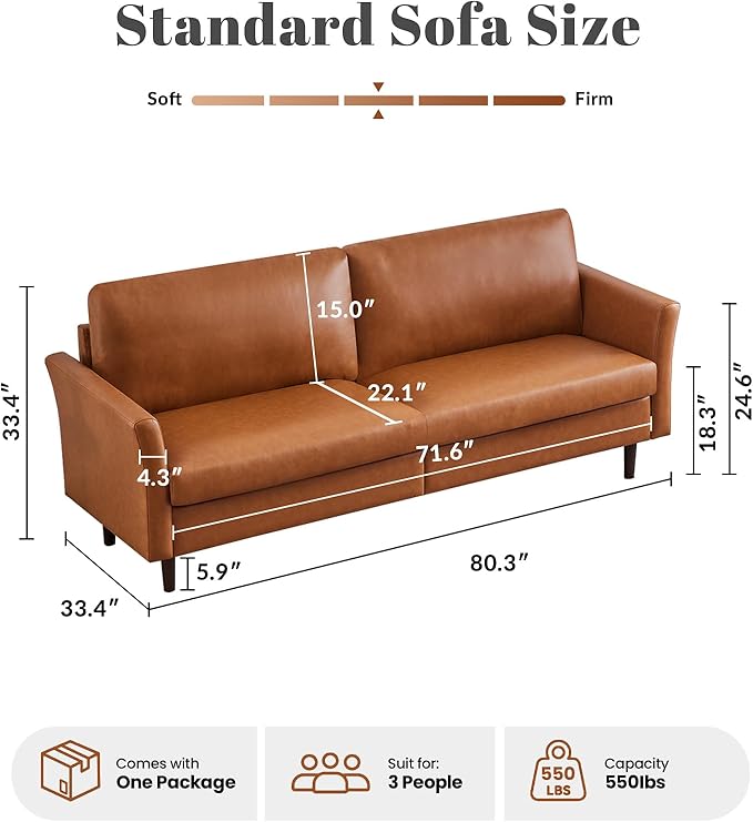 Kingfun Faux Leather 3 Seat Couch for Living Room, Mid Century Modern Sofa with Rolled Arms and Deep Seats, Fluffy Comfort for Apartment, Easy to Assemble, Chestnut