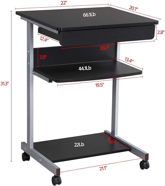 Yaheetech Mobile Computer Desk Cart, Small Rolling Laptop Desk PC Table Workstation with Drawer and Printer Shelf, Writing Desk Table for Small Space/Home Office