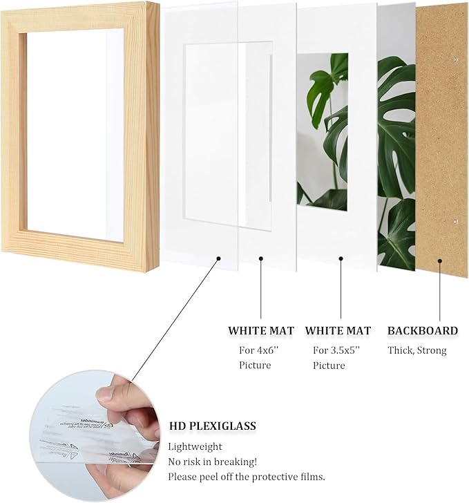 Egofine 4x6 Picture Frame Natural Wood Made of Solid Wood with Plexiglass, Display Pictures 3.5x5 with Mat or 4x6 Without Mat for Tabletop and Wall Mounting