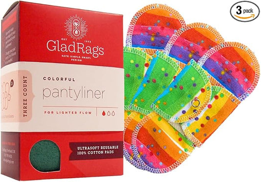 GladRags Reusable Pantyliner (3-Pack) - 100% Cotton Reusable Menstrual Pads, Washable Absorbent Pantyliners, Light Flow Period Pads, Washing Machine Safe