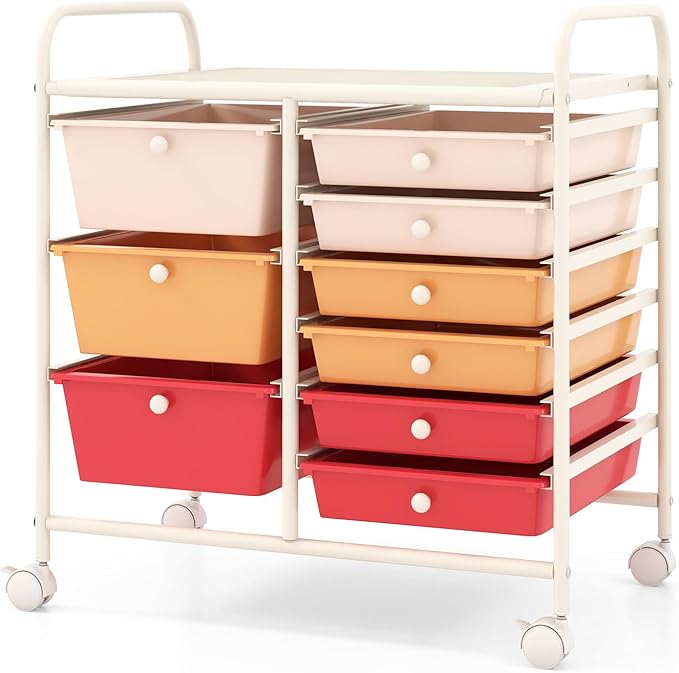 COSTWAY Rolling Storage Cart with 9 Drawer, Mobile Utility Cart with Metal Frame, Art Supply Craft Organizer, Multipurpose Storage Organizer for Paper, Office, School Teacher, Classroom, Macaron