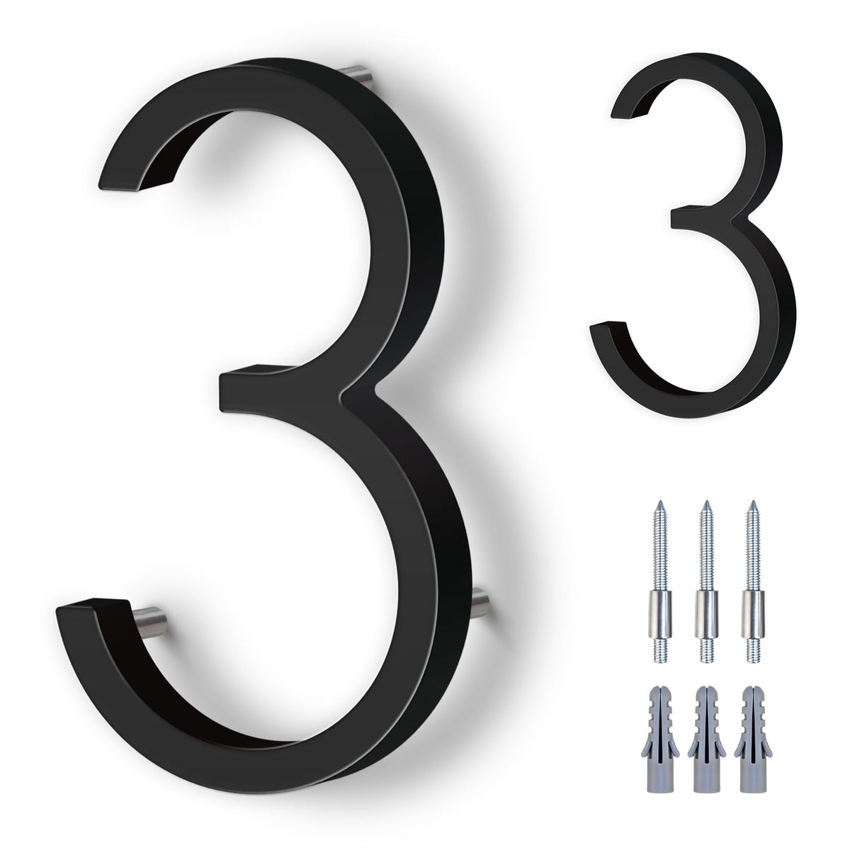 5 Inch House Numbers for Outside, Stainless Steel Floating Address Numbers for House, Modern Black Metal Door Numbers for Mailbox, Wall, Yard, Easy Install with Mounting Kit (3)