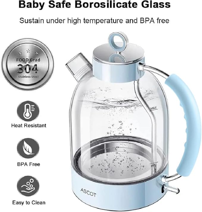 ASCOT Electric Kettle, Glass Electric Tea Kettle Gifts for Men/Women/Family 1.5L 1500W Borosilicate Glass Tea Heater, with Auto Shut-Off and Boil-Dry (Light Blue)