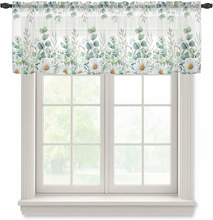 Eucalyptus Leaves Daisy Sheer Valance Curtains, Summer Farmhouses Flower Light