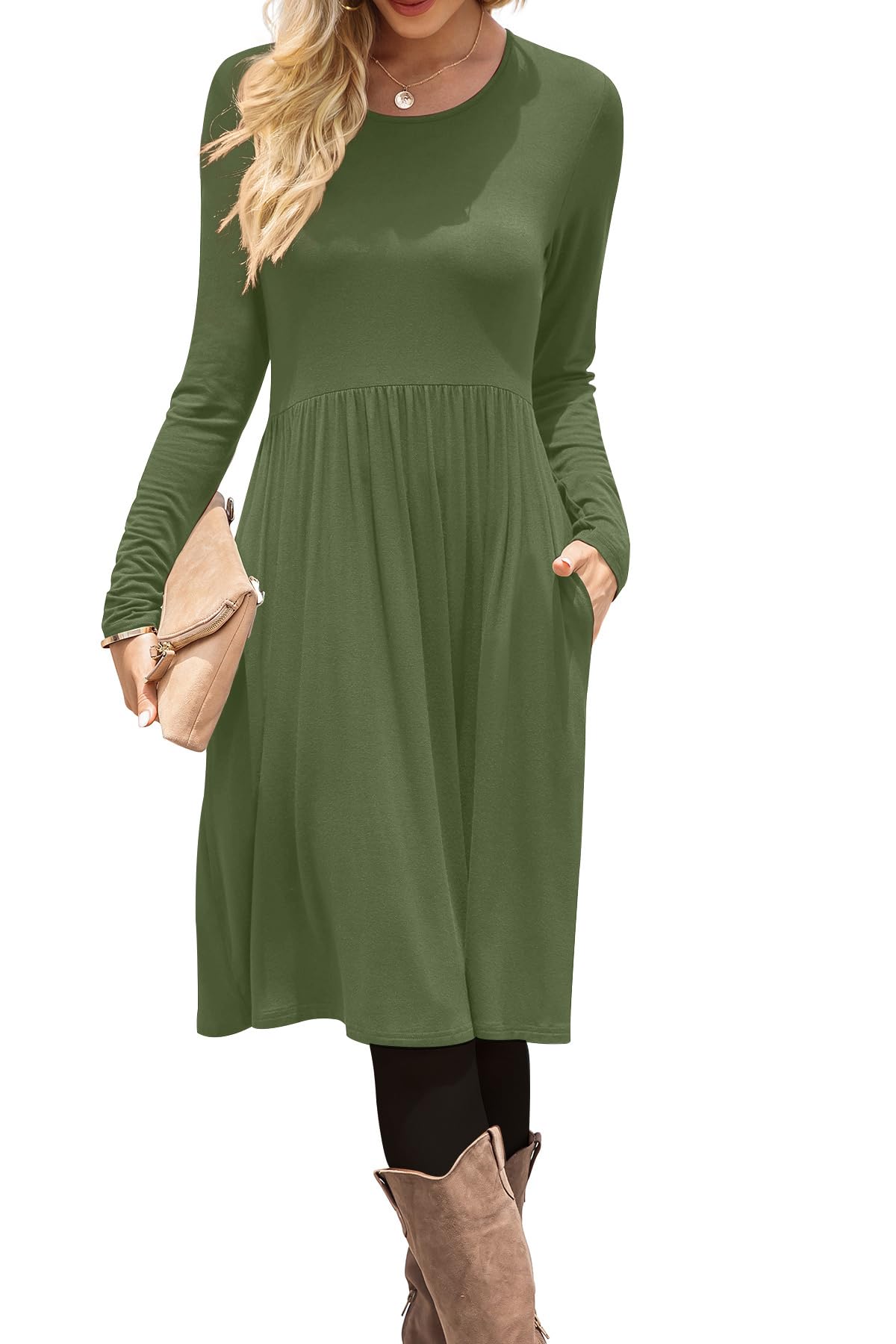 DB MOON Women Casual Long Sleeve Dresses Empire Waist Loose Dress with Pockets (Army Green, 2XL)