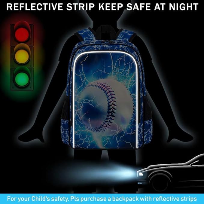 KLFVB 3PCS Boys Bookbag, 17" Kids Backpack and Lunch Box, Water Resistant Teenagers School Bag for Middle Elementary - Lightning Baseball
