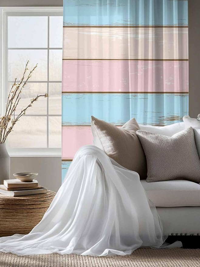 Sheer Curtains 72 Inches Long, Farmhouse Country Shabby Striped Privacy Voile