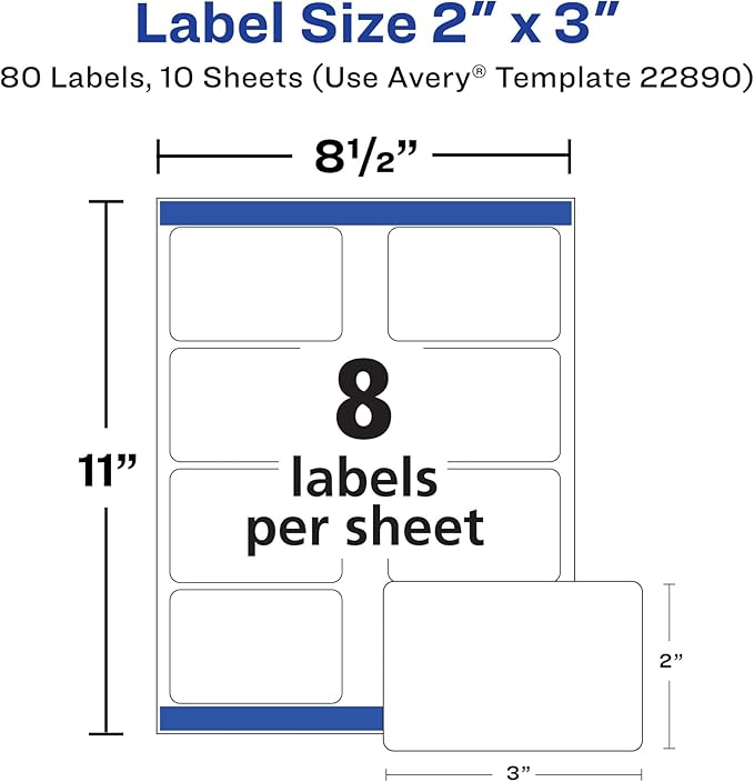 Avery Glossy White Labels, Sure Feed Technology, 2" x 3" Rectangle Labels, Print-to-The-Edge, Laser/Inkjet, 80 Total (22890)