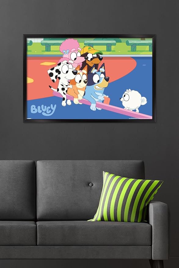 Bluey (2018) - Bluey and Friends See Saw Fun Wall Poster, 34L" x 22.4W", Black Framed Version