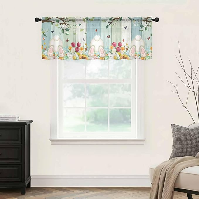 Easter Sheer Valances for Windows 60"x18", Light Filtering Kitchen Curtains