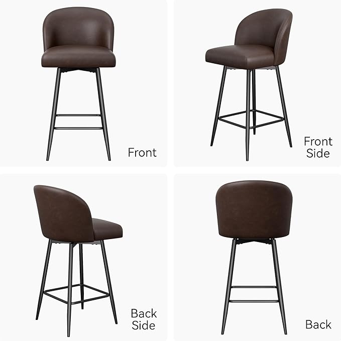 Counter Height Bar Stools Set of 4,360° Swivel Barstools with High Back and Metal Legs,26" Seat Height, Upholstered PU Leather Bar Chairs for Kitchen Island, Dining Room,Cafes,Black Brown