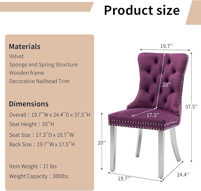 Luxury Upholstered Dining Chairs Set of 2, Purple Kitchen Chair with Silver Metal Legs, Velvet Tufted Back Dining Chair, Sillas de Comedor, Modern Kitchen & Dining Room Chairs (Purple, 2 Pcs)