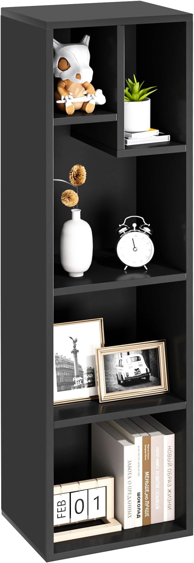 VECELO Small Bookshelf, 5 Cube Slim Bookcase, Fits Tallest Hardcovers, Horizontal Available, Modern Floor Standing Unit, Each Shelf Hold Up to 66 LBS, Black