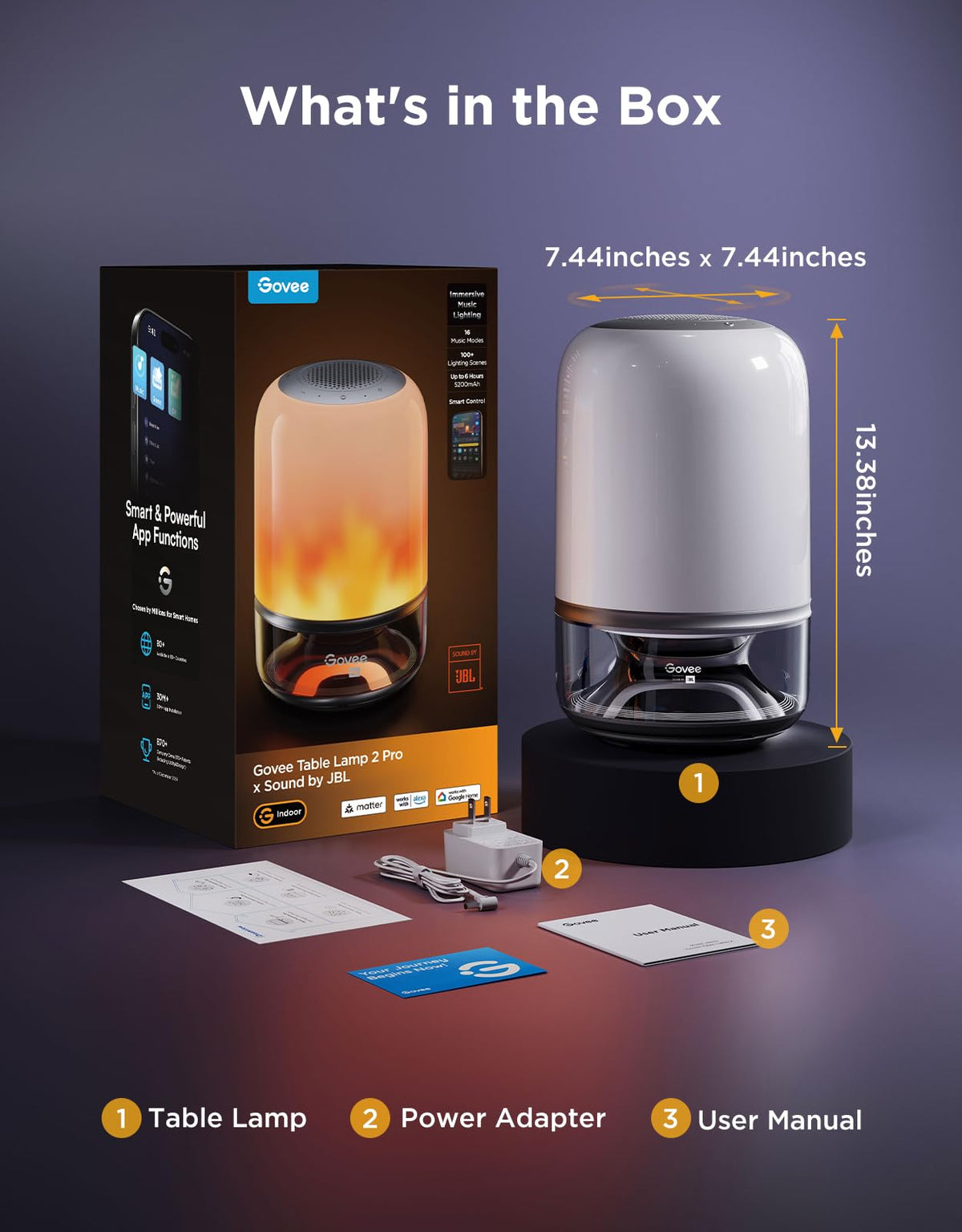 Govee Table Lamp 2 Pro x Sound by JBL, Smart Cordless Table Lamp with Speaker, Music-Light Sync, 16 Music Modes & 100+ Scene Modes, Work with Matter, DIY Customized Rechargeable Desk Lamp for Bedroom