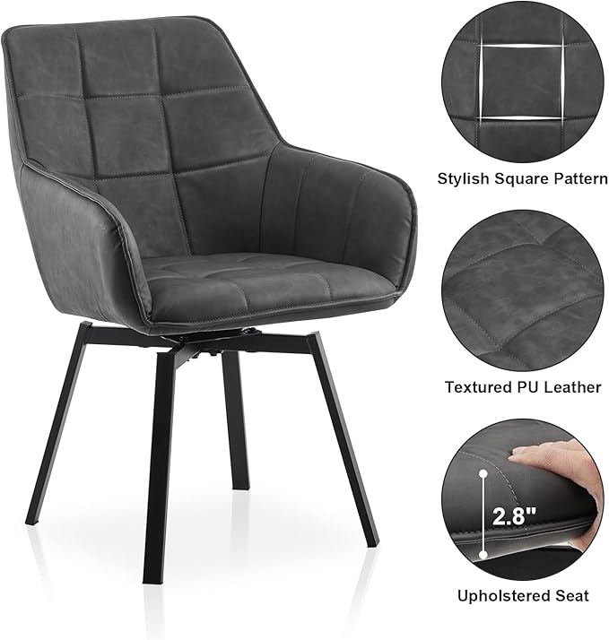TUKAILAi Swivel Dining Chairs Set of 4, Faux Leather Upholstered Mid Century Accent Chairs with Metal Legs, Rotatable Kitchen Chair for Home Office Kitchen Restaurant (Grey)