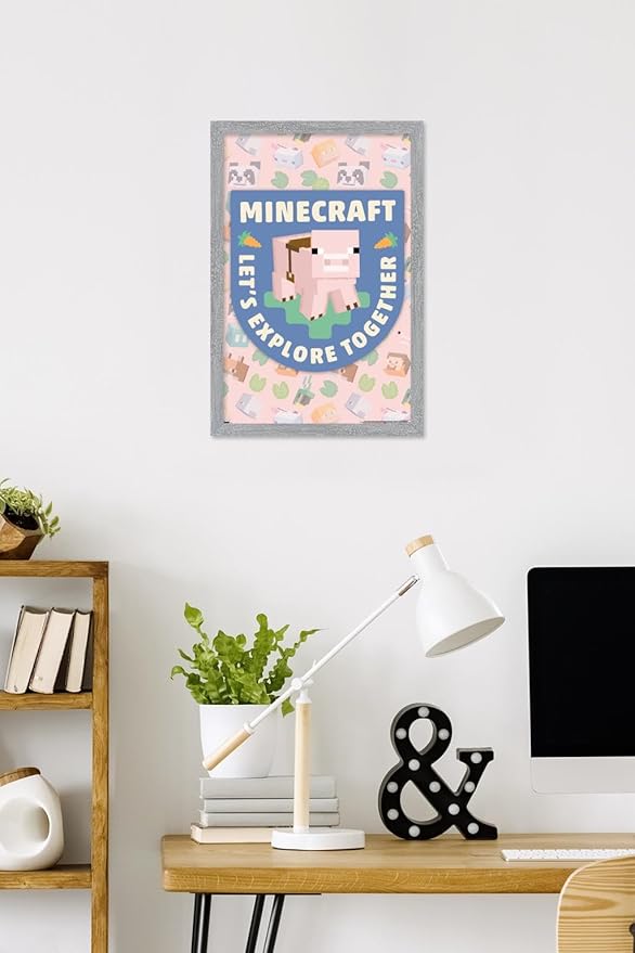 Trends International Minecraft - Let's Explore Together Wall Poster, 22.4L x 14.7W, Gray Framed Version