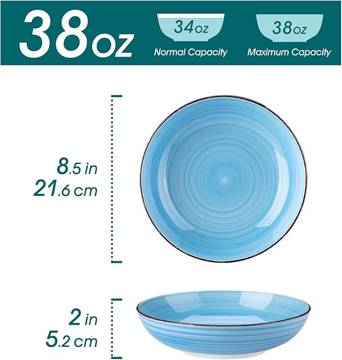 vancasso Bonita Pasta Bowls Set of 6, 38 oz Shallow Bowls, 8.5 Inch Ceramic Pasta Plates and Salad Bowls, Microwave & Dishwasher Safe Serving Bowls, Blue