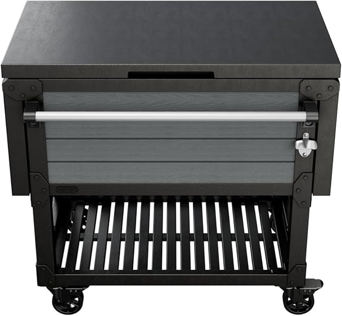 Keter Outdoor Rolling Patio Cooler and Insulated Beverage Cart 89.8 Quart Capacity with Fold Down Shelf for Glassware with Built in Bottle Opener