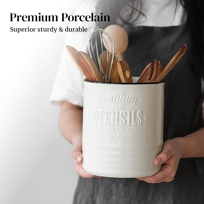 DOWAN 7.2″ Extra Large Kitchen Utensil Holder, Farmhouse Utensil Holder for Countertop, Ceramic Utensil Crock with Protection Cork Mat, Utensil Organizer for Kitchen Decor & Housewarming Gift, White