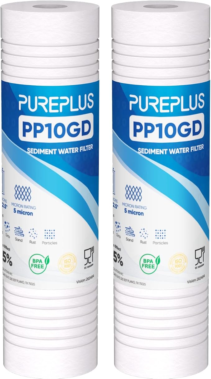 PUREPLUS 5 Micron 10" x 2.5" Whole House Grooved Sediment Home Water Filter