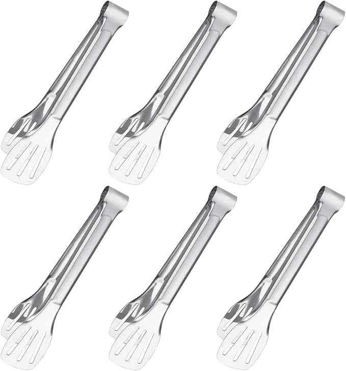 6PCS Serving Tongs, 7Inch Buffet Tongs, Stainless Steel Food Tong Small Serving Utensils for Cooking, Entertaining, Salad, Barbecue, Buffet, Toast and Steak by Sunenlyst