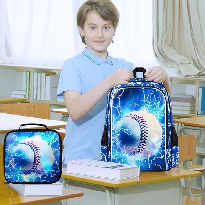 KLFVB 3PCS Boys Bookbag, 17" Kids Backpack and Lunch Box, Water Resistant Teenagers School Bag for Middle Elementary - Lightning Baseball